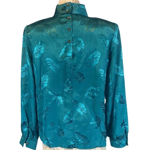 Vintage Nicola green folage blouse with high neck back button closing size 12 - Picture 2 of 10
